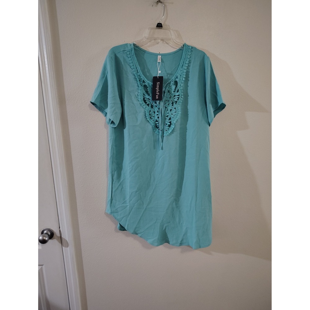 SimpleFun Womens Teal Blue Crochet Lace V-Neck Tunic Top Short Sleeve Blouse M